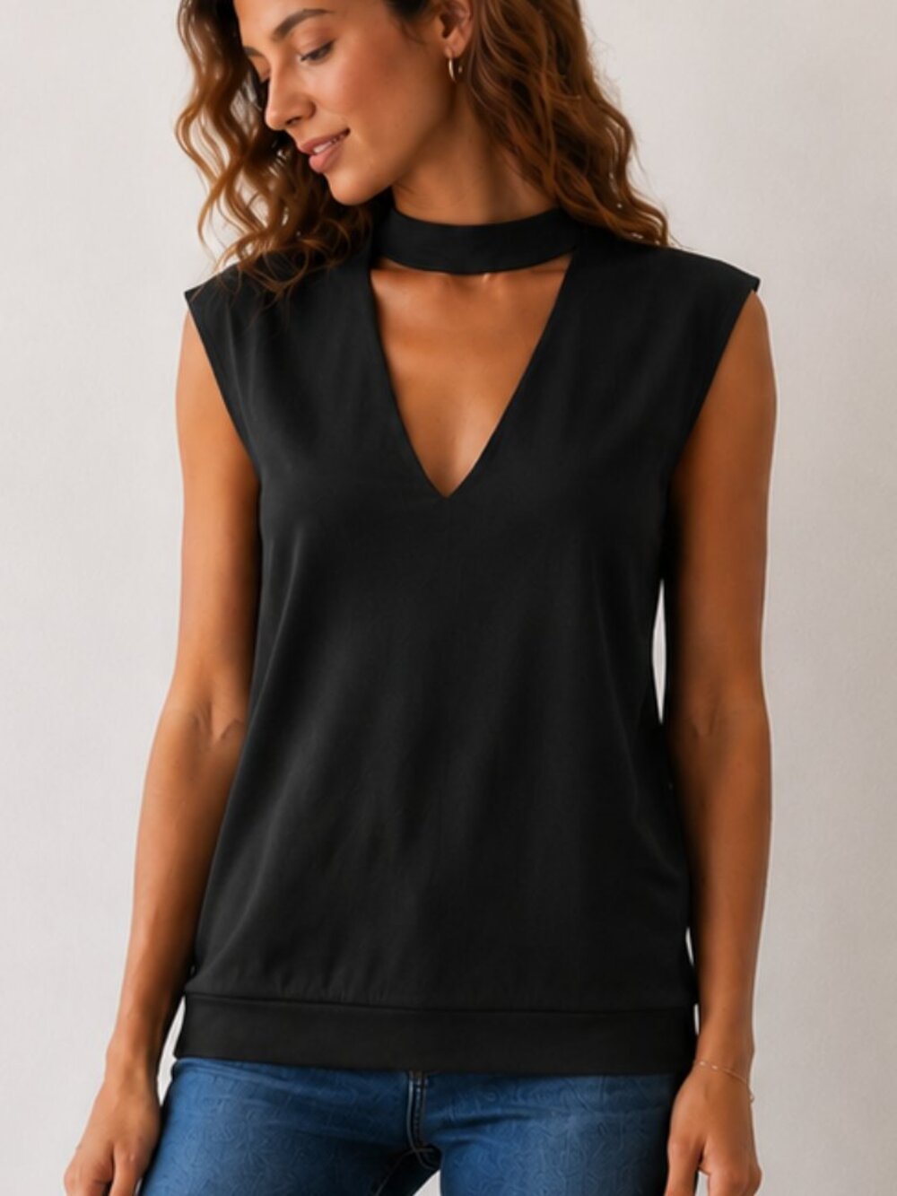 BAILEY 44 Sammy Choker V-Neck Cutout Sleeveless Knit Top Black Sz M EUC